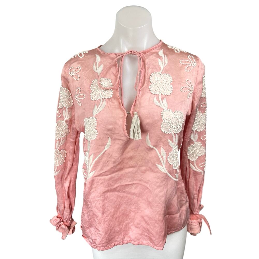 Karina Grimaldi Silk Satin Pink Floral Long Sleeve Embroidered Blouse Top Size S